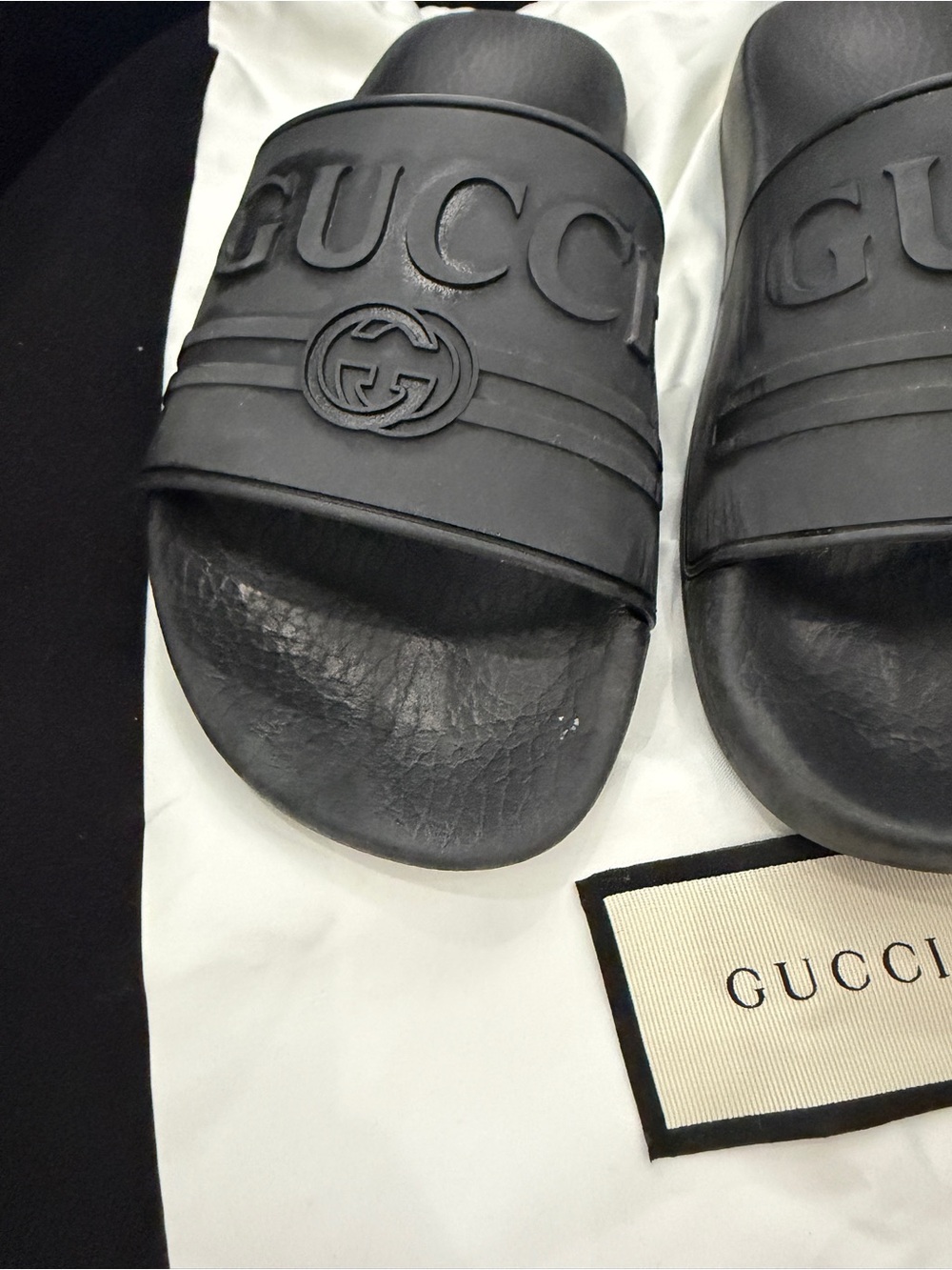 Gucci Matte Black Embossed Logo Slide Sandals - Picture 2 of 5